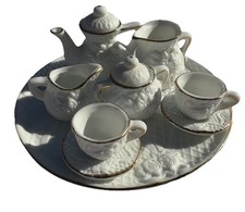 VGT Miniature Ivory Roses  Gold Trim Porcelain Bisque 11 Piece Tea Set-Santini
