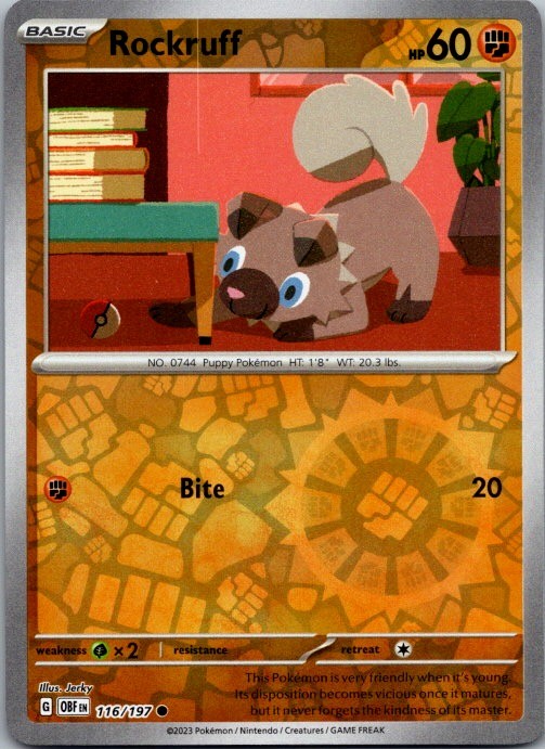 Rockruff 116/197 Common Obsidian Flames Pokemon Reverse Holo Near Mint