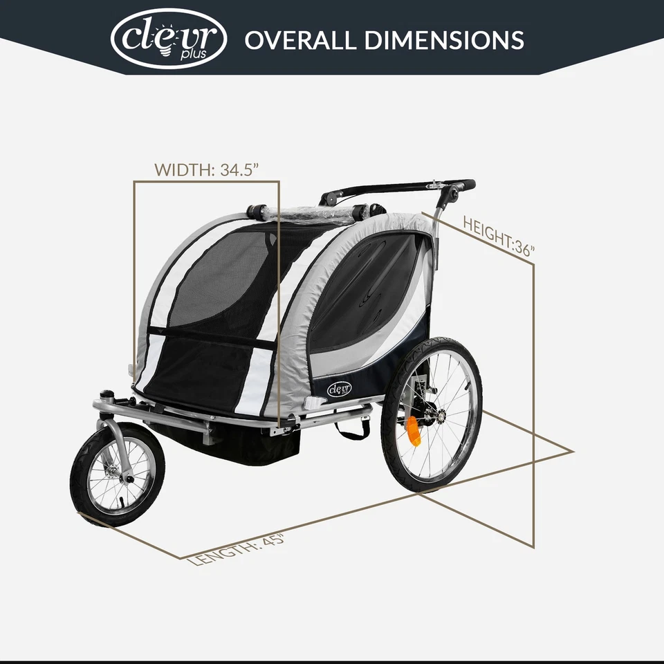 Carrinho de passeio ClevrPlus Deluxe 3 em 1 assento duplo reboque bicicleta jogger para crianças, cinza - Imagem 4 de 4