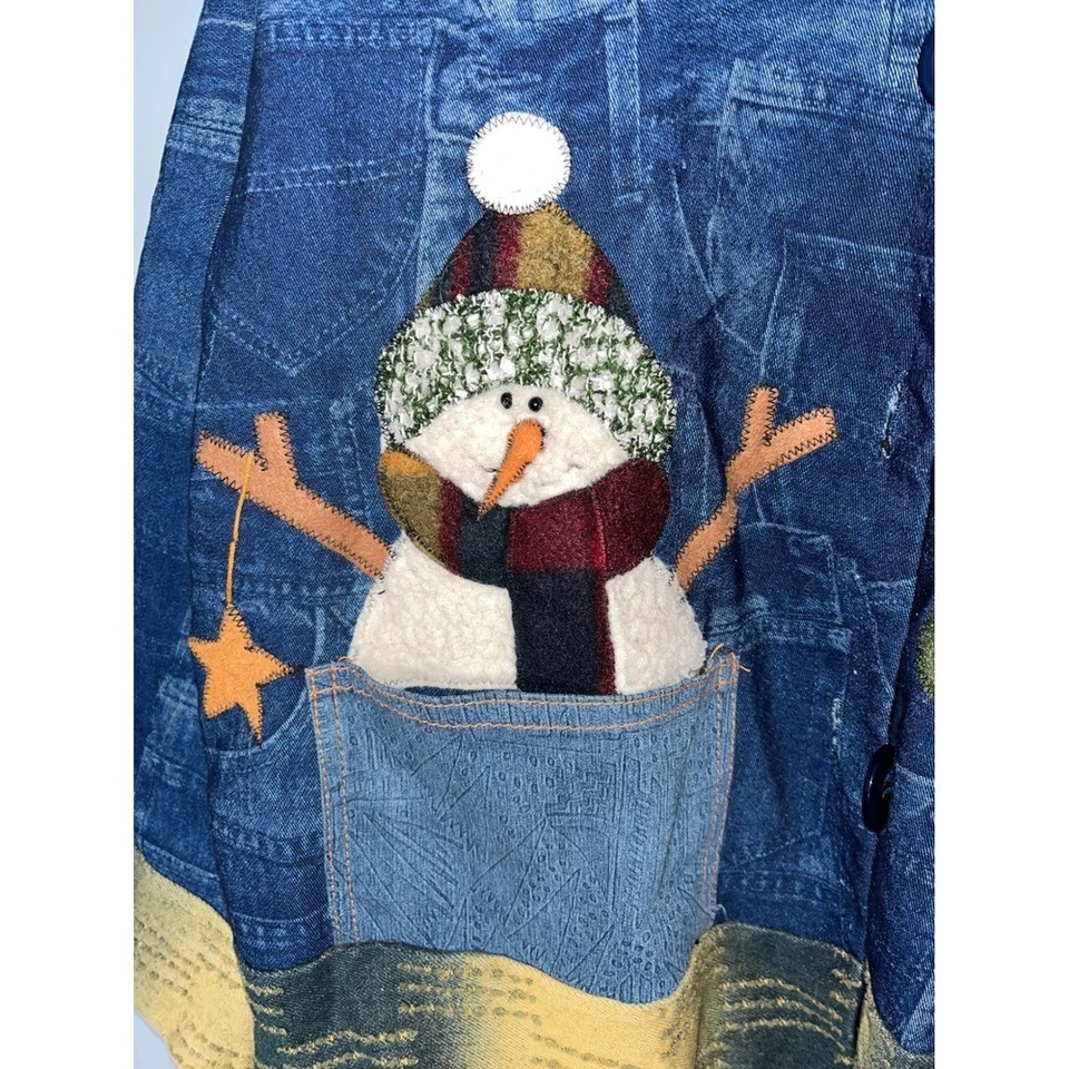 Chaqueta Denim Patchwork Muñeco de Nieve Papá Noel Vacaciones Navidad Jean Abrigo Foto 3 de 4