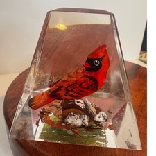Vintage Reverse-Carved Lucite Cardinal & Dogwood Blossom Sculpture / Night Light Base
