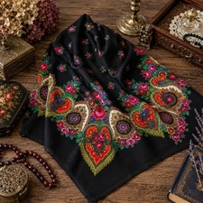 Vintage Russian Wool Floral Shawl Black 50x50 Square Folk Scarf Wrap