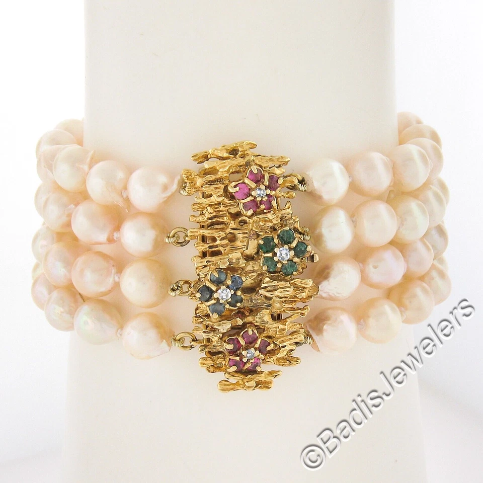 6.75" 4 Row Strand 6.8mm Cultured Pearl Bracelet w/ 14k Gold Multi Stones Clasp - Image 3 of 4
