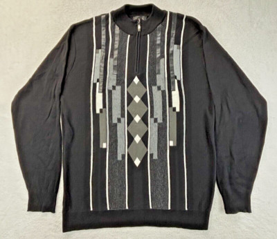 MIKO 3-D Knit Sweater Black Gray Geometric Men 2X Wool Zip Mock Neck