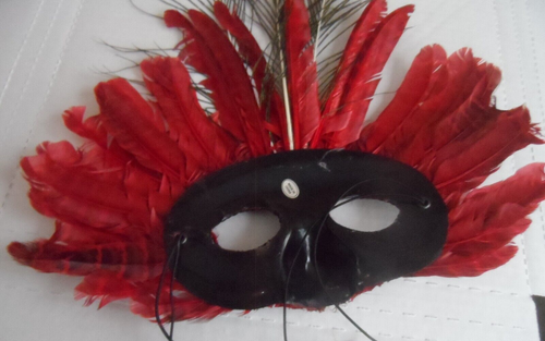 Feathered Red & Black Mask - MARDI GRAS MASQUERADE PARTY EYE MASK - HALLOWEEN - Picture 3 of 3