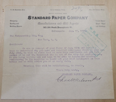 1905 Antikes Dokument, Standard Paper Co Indianapolis, Chas Nelson Signiert