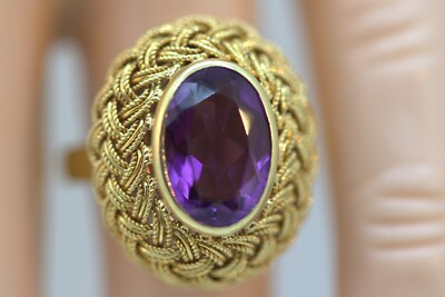 HEAVY WIDE 18K YELLOW GOLD OVAL PURPLE AMETHYST WOVEN WEAVE FLOWER DESIGNS RING