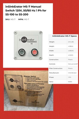 InSinkErator MS-7 Manual Stop DISPOSER Start Switch 15260 Magnetic Starter SS100