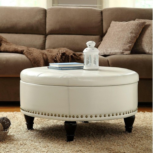 Large Round Storage Ottoman w/ Flip Top Surface Nailhead Trim Footrest Home NEW - 第 4/28 張圖片