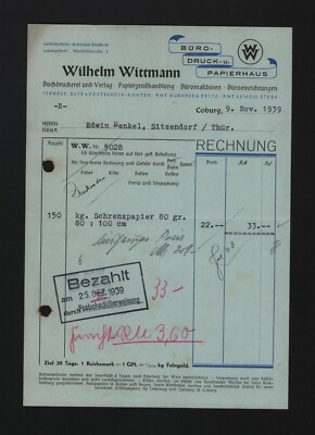 COBURG, Rechnung 1939, Wilhelm Wittmann Buchdruckerei Verlag Papier-Grosshandlun