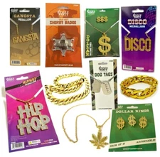 Fancy Dress Jewellery Pimp Gangsta Dog Tags Bling Necklace Bracelet Ring