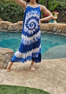 Maya Antonia Hand Tie-Dye Indigo-Blue Long Dress Flowy/Beach Cover  Up/Vacation | eBay