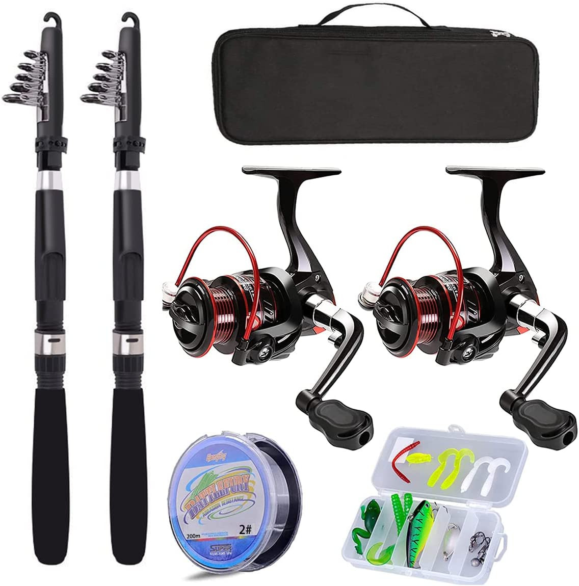 Fishing Pole Combo Set 2.1M/6.89Ft 2 Pieces Collapsible Rods Spinning Reels