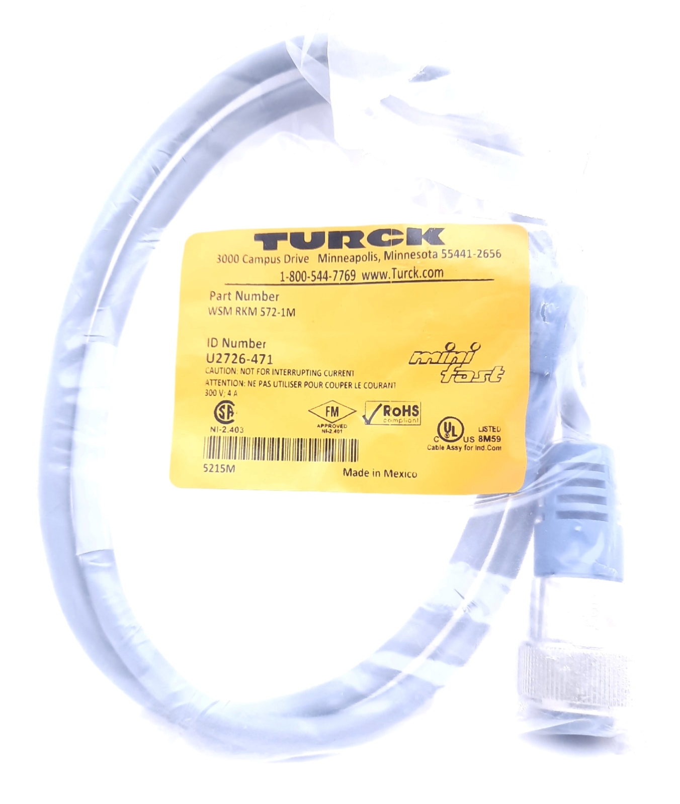 Turck WSM RKM 572-1M Cordset 5 Pin Right Angle Male to 5 Pin Female Straight
