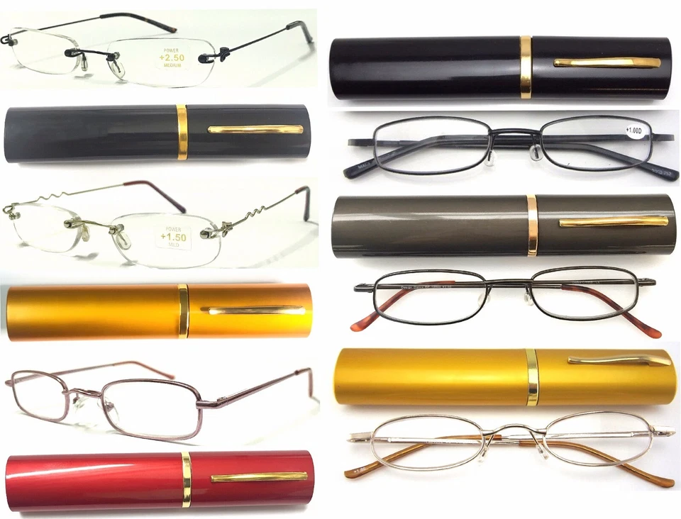 Tube Case Reading Glasses +0.50~+4.00 Easy Carry Lightweight Frame Flexible Arms