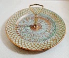 Stangl MCM POTTERY Trenton, N.J. Turquois & Gold Center Handled Tidbit Plate
