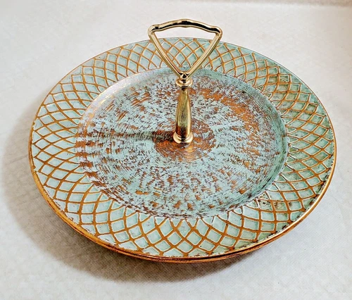Stangl MCM POTTERY Trenton, N.J. Turquois & Gold Center Handled Tidbit Plate