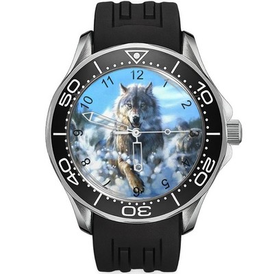 Schneeweiße Fearless Wolf Taucher Sportlich Stil Silikon Schwarz Band Armbanduhr