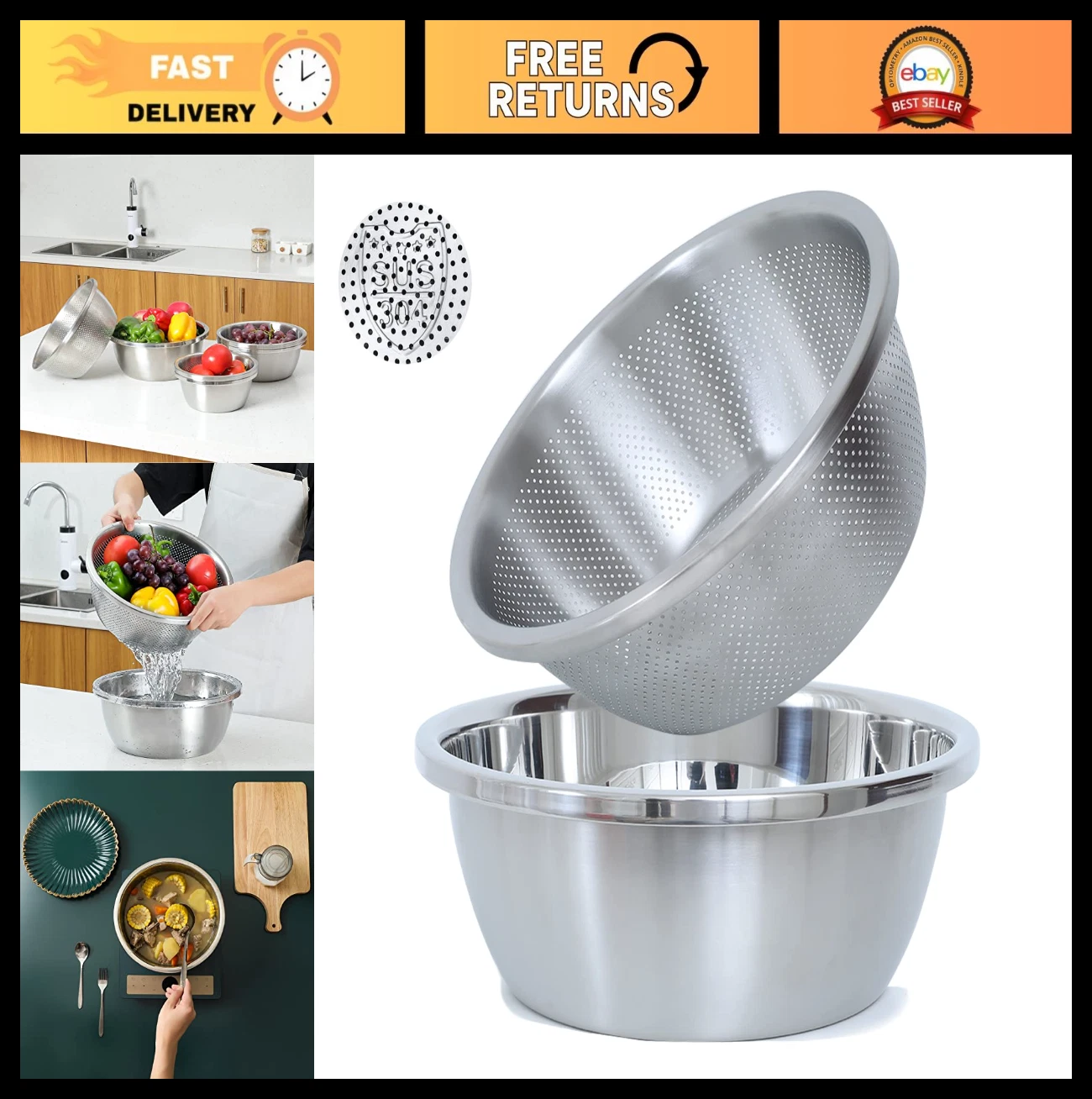 2QT Stainless Steel Colander Set - Microporous Strainer for Veggies, Fruits & Pa