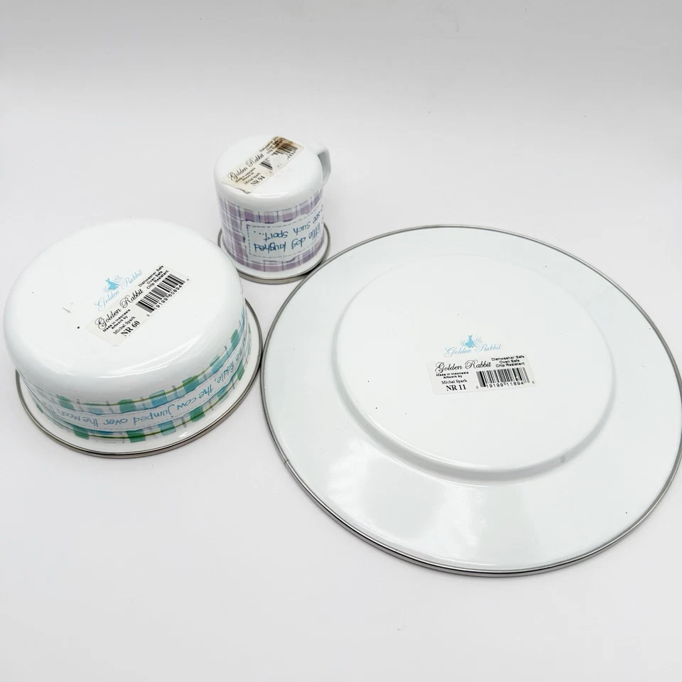 Golden Rabbit Enamelware Child's Set 3 Piece Nursery Rhyme Cow Cat Dog Spoon NEW - Image 3 of 4