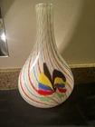 Murano Thick Walled Striped Art Glass Vase in Red White Blue Yellow Green 14”