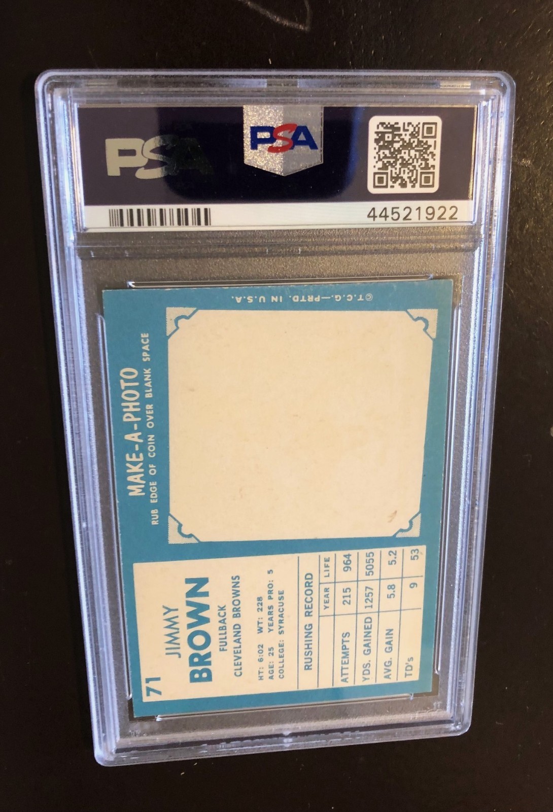 1961 Topps Football #71 Jim Brown. Cleveland Browns Fullback. PSA 5 EX. view 2