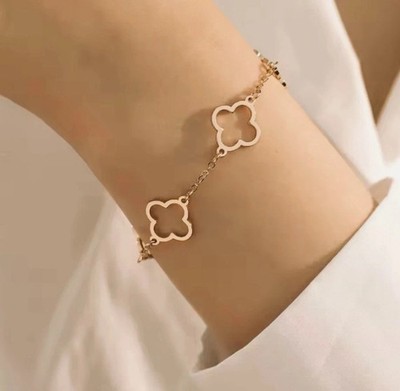 Women's Four-Leaf Clover Charm Bracelet 7'' 14K Yellow Gold Plated 925 Silver