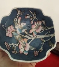 Vintage Floral Chinese Notched Rice Bowl Blue Pink Floral Design Decorative .