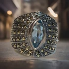 CHAPAL ZENRAY 925 Sterling Silver Vintage Blue Topaz & Marcasite Ring Size 6.75
