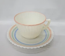 1930s MacBeth Evans Petalware Tea Cup + Saucer Set Pastel Rings Cremax UV Glow