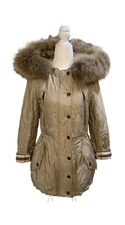 Burberry Brit Beige Nova Check Quilted Puffer Coat Extra Small Fur Hooded Jacket