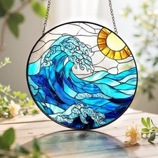Ocean Wave Stained Glass Suncatcher Window Hanging Coastal Beach Decor Gift
