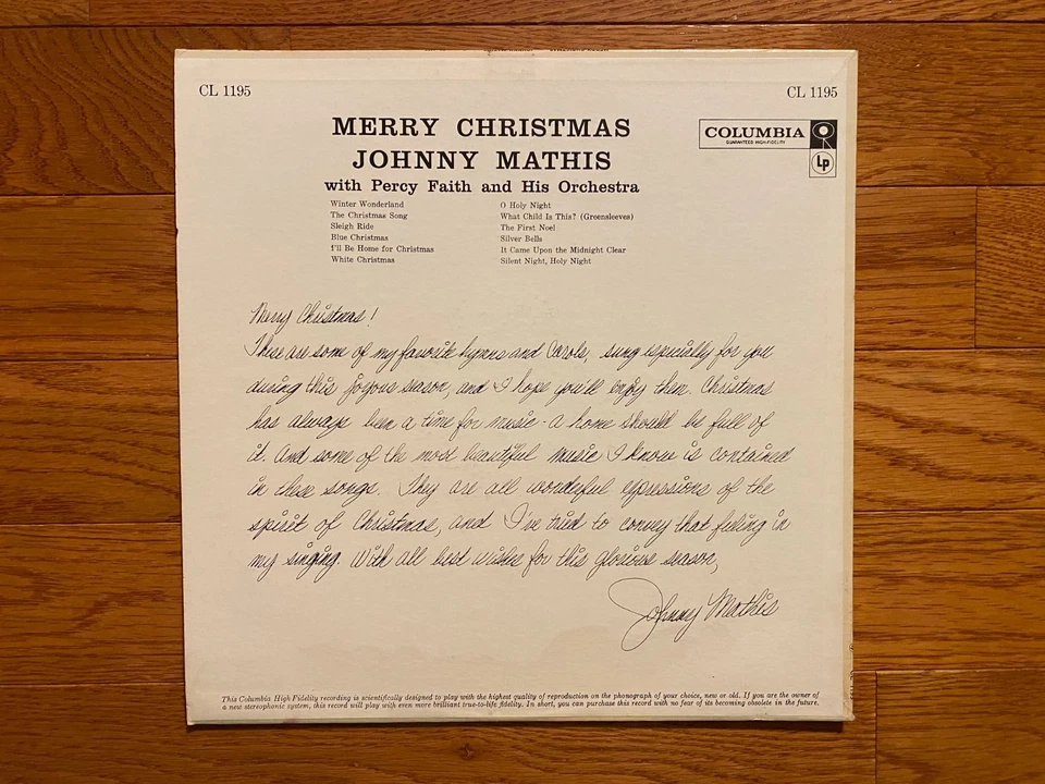 Johnny Mathis - Merry Christmas LP Columbia CL 1195 1958 1st Pressing Mono - Image 3 of 4