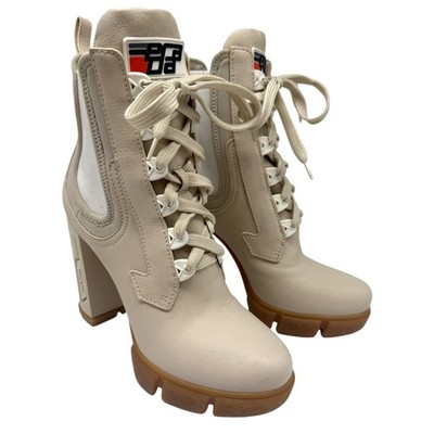 Prada Vanilla Leather and Neoprene Lace-Up Combat Platform Boots Size 39