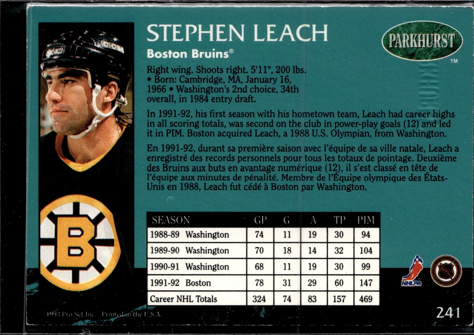 1992-93 Parkhurst #241 Stephen Leach Emerald Ice - Image 2 of 2