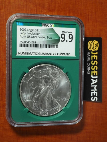 2002 SILVER EAGLE NGC MS69 EARLY PRODUCTION FROM US MINT SEALED BOX GREEN CORE