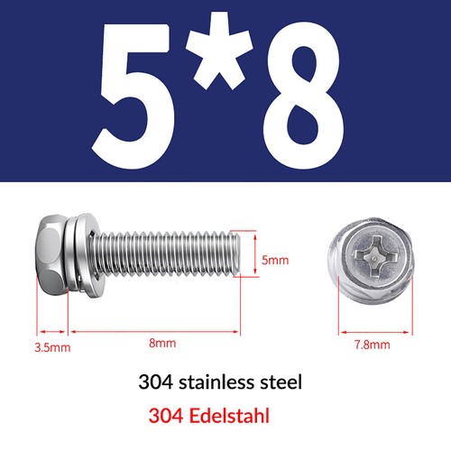 SEM HEX TAP BOLTS PHILLIPS HEAD SCREW + FLAT/SPRING WASHER A2 STAINLESS M3 - M10 - Picture 24 of 55