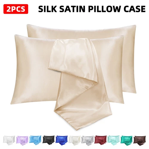 2PCS Silk Satin Pillow Cases Hotel Quality Standard Bedding Smooth Soft All Size