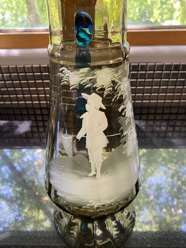 RARE Amber & Blue Mary Gregory Hand Painted 12" Pitcher W/2 Glass Tumblers 5"H - Picture 7 of 20