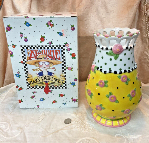 Mary Engelbreit Vase 8,5" gelb rosa Blumen Polka Dots Michel & Co 2000 Neu im Karton