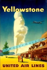 Yellowstone Park 1950 Wyoming Airline Travel Vintage Poster Print Old Faithfull