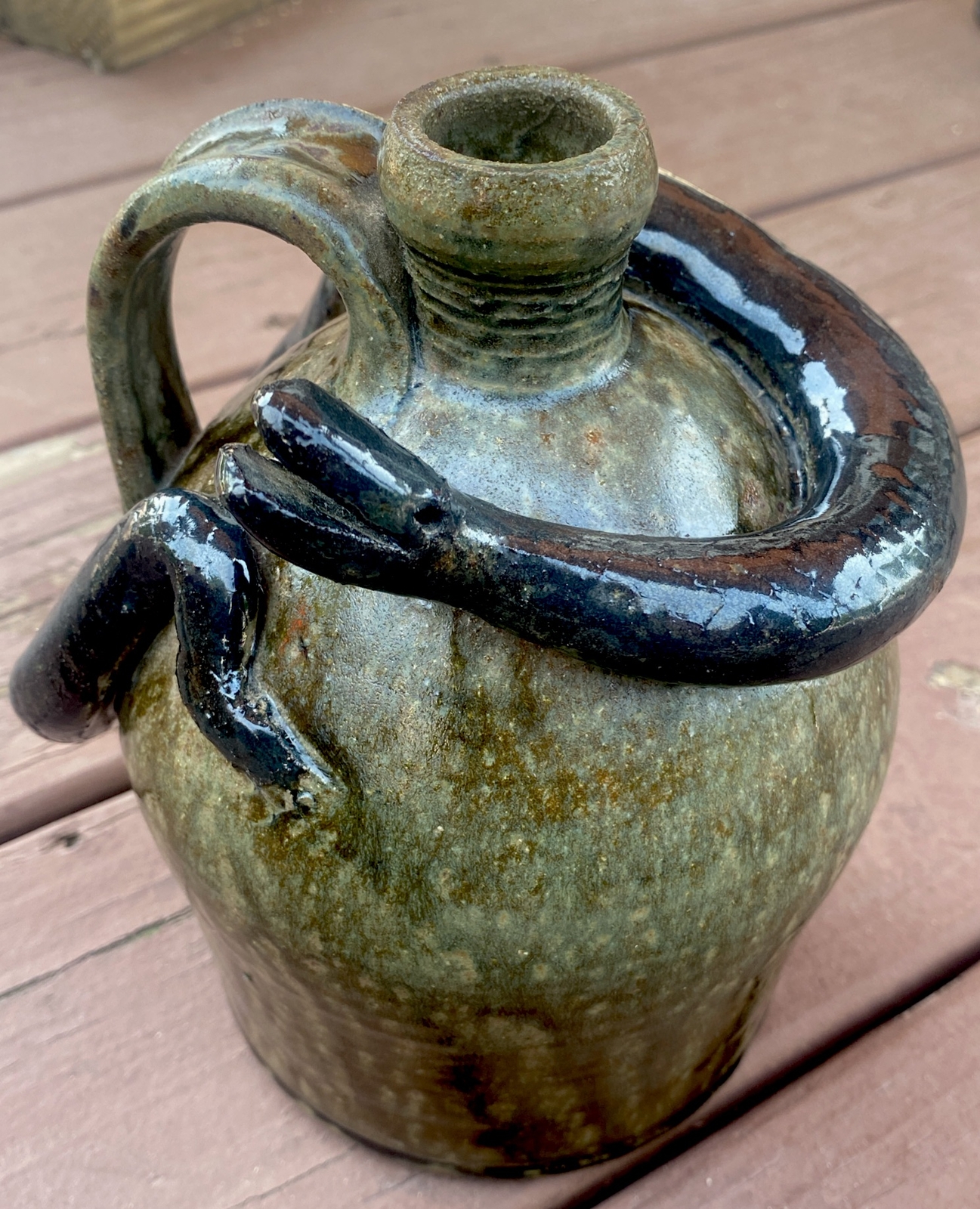 VTG Folk Art Primitive Creepy Flask Pottery Snake Jug Brown Glaze Marvin Bailey