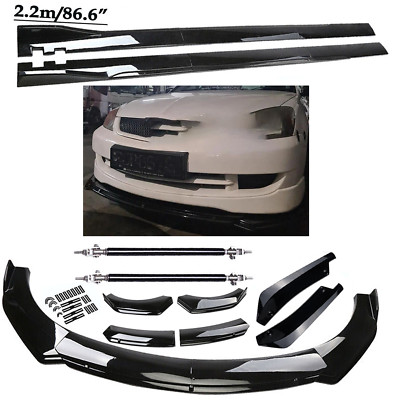 For Mitsubish Front Bumper Lip Spoiler Kit +86.6'' Car Side Skirt Glossy Black