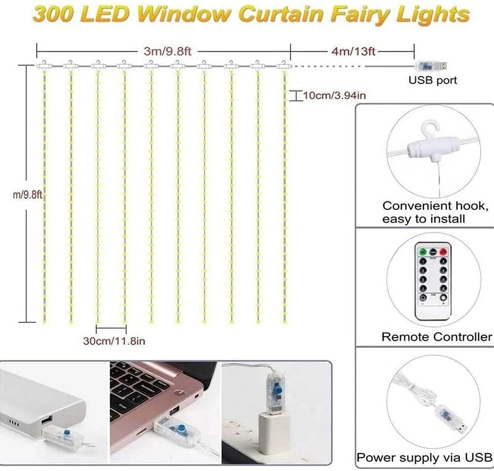 300 LED Curtain Lights 9.8Ftx9.8Ft, 8 Lighting Modes Multicolor Window Curtain - Image 3 of 4
