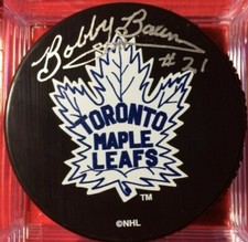 BOBBY BAUN SIGNED PUCK TORONTO MAPLE LEAFS AUTOGRAPHED RARE PUCK