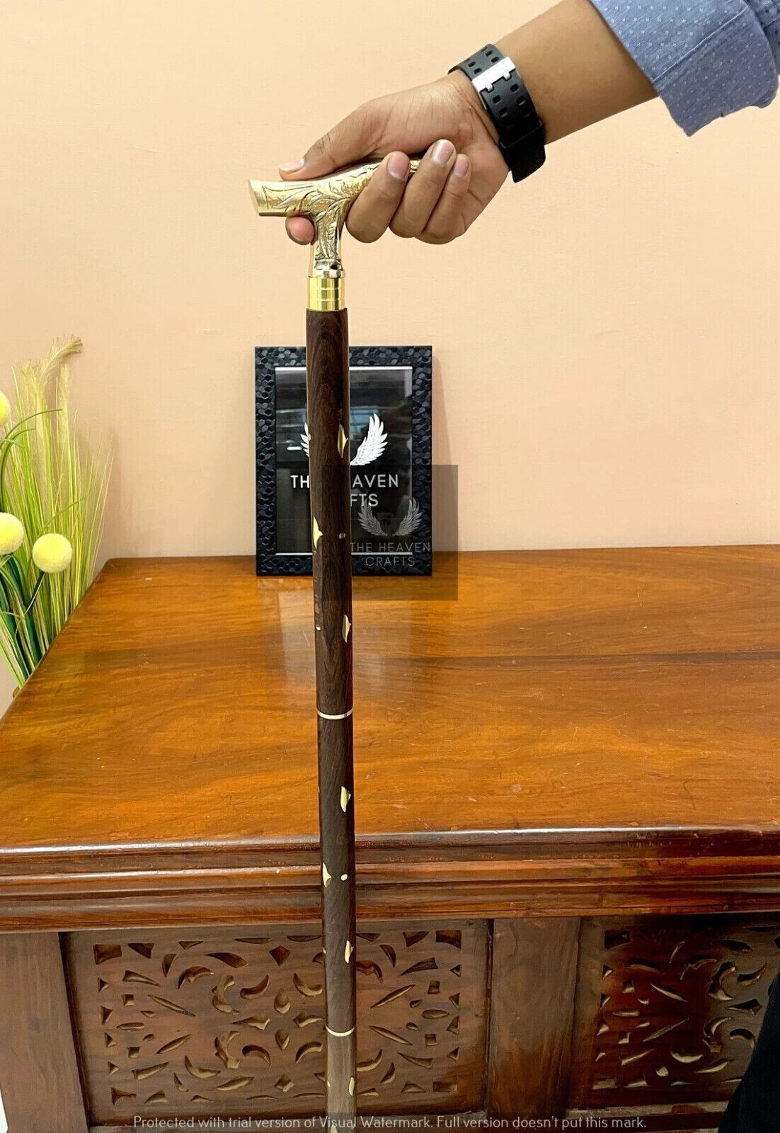 Solid Brass Designer Handle Walking Cane Wooden S… - image 6