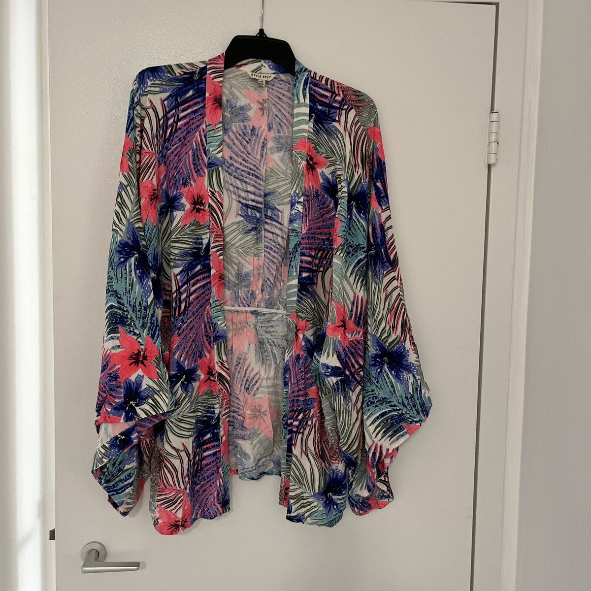 Blue White Pink Tropical Print Kimono Top Cardigan Bathing Suit