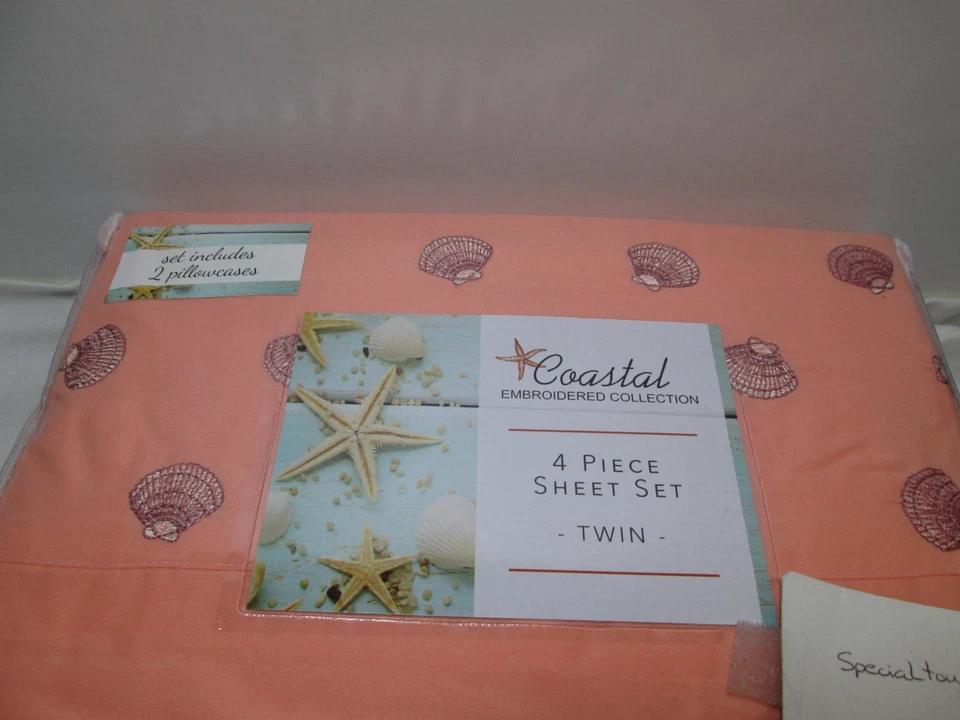  New Coastal SHELL Embroidered Collection 4 pcs Twin Sheet Set ~ Shell-Coral NIP - Image 3 of 4