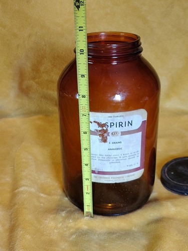 1944 1-Gallon Amber Glass ASPIRIN Jar w/ Original Label & Lid Columbus Pharmacal - Picture 12 of 15