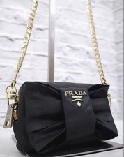 PRADA Big Bow Mini Pocono Nylon Chain Strap Crossbody Bag Black Gold Authentic